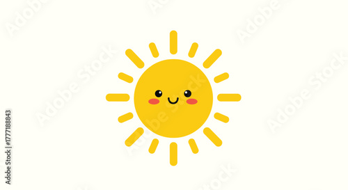 A cheerful and friendly cartoon sun illustration with a smiling face and rosy cheeks, radiating bright yellow rays.