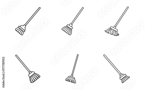 Collection of Broom Icons for Cleaning Services and Household Chores a Variety of Design Options Presented on a White Background