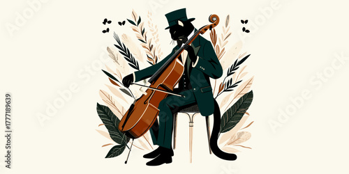 Elegant anthropomorphic black cat in a vintage suit and top hat playing the cello surrounded by whimsical foliage