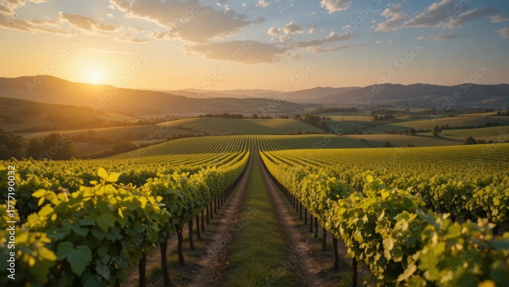 Fototapeta premium Picturesque Vineyard Landscape at Sunset With Lush Green Vines and Scenic Rolling Hills