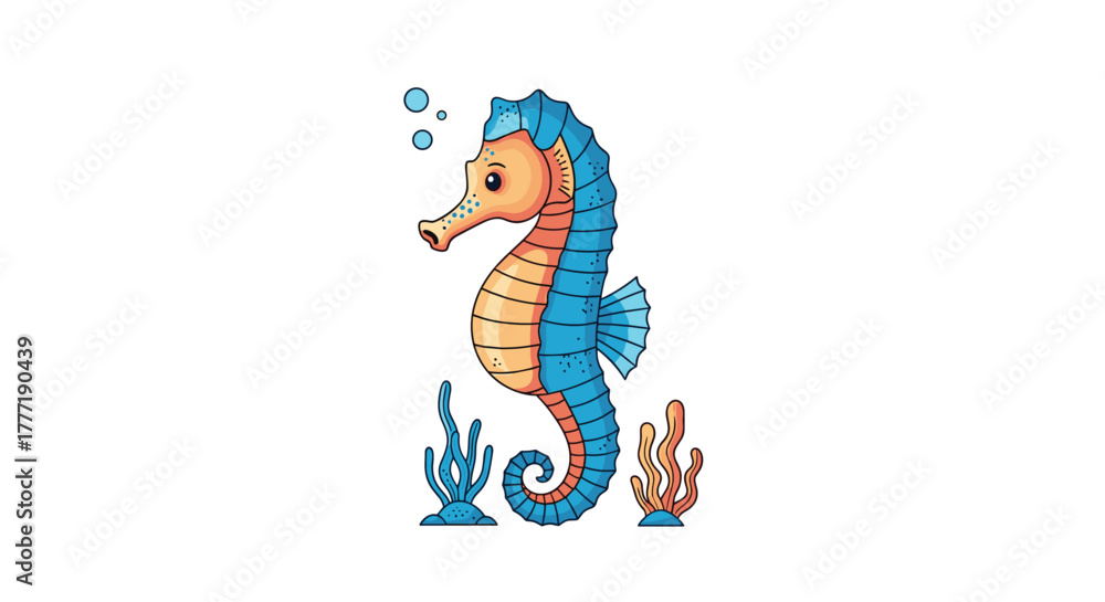 Obraz premium A vibrant cartoon illustration of a cute seahorse in orange and blue, with bubbles and simple underwater plants, against a white background.