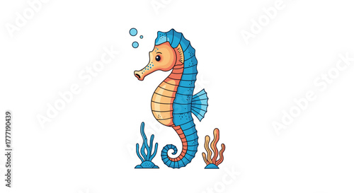 A vibrant cartoon illustration of a cute seahorse in orange and blue, with bubbles and simple underwater plants, against a white background.