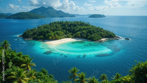 Aerial View of a Tropical Island Beach Surrounded by Clear Blue Ocean and Lush Green Mountains