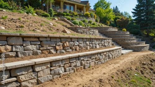 Natural Stone Steps Leading to a Beautiful Residential Garden with Greenery on a Sunny Day