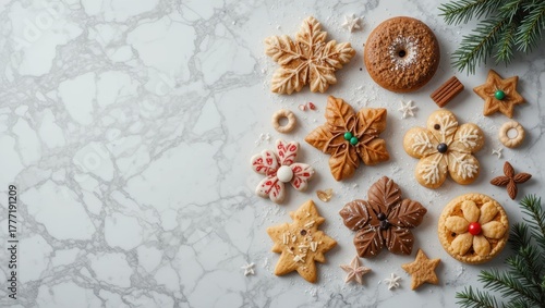 Assorted Decorative Christmas Cookies Arranged on Marble Surface for Festive Holiday Celebrations