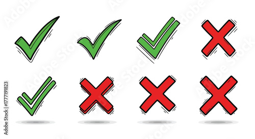 Hand-drawn check mark and cross symbols illustration of approval and rejection icons isolated on a white background
