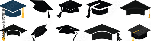 Graduation cap icon set, university or college graduation hat icon, student graduation cap , student hat outline and filled vector sign. Education symbol, logo silhouette vector
