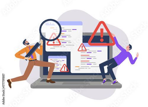 Developers searching and fixing software bugs on a laptop screen with alert warning signs. Debugging process, code review, programming error detection and cybersecurity risk prevention.