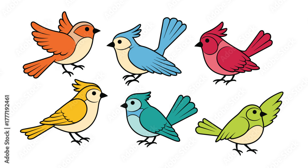 Obraz premium A vibrant collection of six cute cartoon birds in various bright colors with distinct features, illustrated against a clean white background.