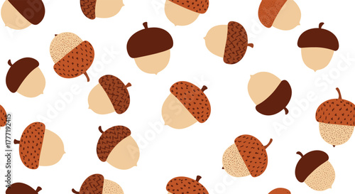 Delightful autumn-themed seamless pattern showcasing an assortment of stylized acorns with textured caps in warm earth tones on a white backdrop.