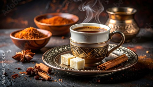Steaming cup of coffee on ornate saucer, surrounded by spices and sugar cubes