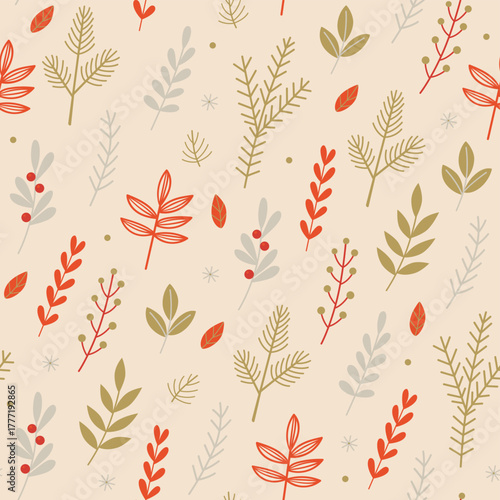 Cozy Autumn and Winter Floral Pattern with Red and Green Foliage on Cream Background