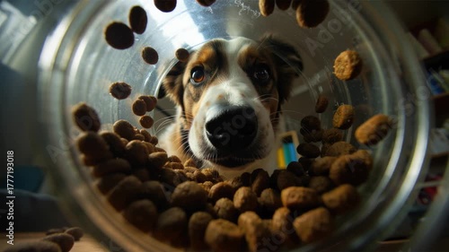 Curious border collie dog sniffing inside dog food container with kibble pieces scattered around, wide-angle lens creating unique perspective