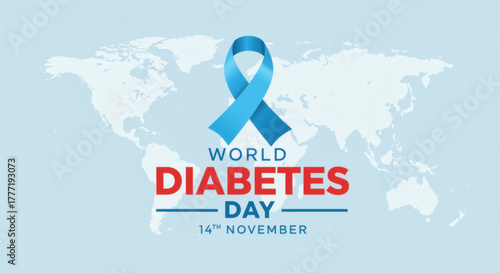 Vector graphic commemorating World Diabetes Day on November 14th, featuring the iconic light blue ribbon symbolizing diabetes awareness and global support for prevention and treatment