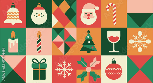 A christmas themed geometric pattern illustration christmas, geometric, pattern, illustration, santa, tree, ornament, snowflake, gift, candle, bell, wine, candy, red, green, white, orange, square, 