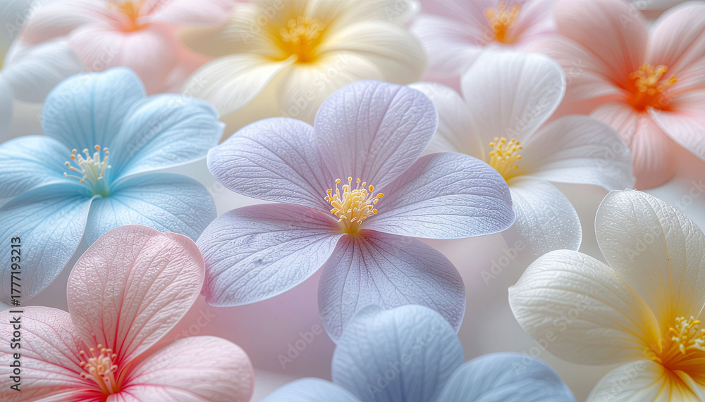 Fototapeta premium Delicate pastel flowers in soft focus create a serene, romantic, and ethereal atmosphere perfect for beauty and wellness branding