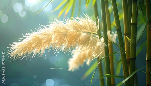 Sunlight illuminates fluffy white pampas grass nestled amongst vibrant green bamboo stalks