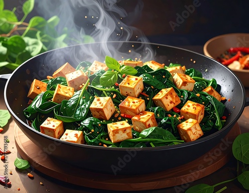 Steaming pan of tofu and spinach, seasoned with chili flakes and herbs