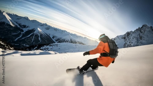 A snowboarder carves through fresh powder on a sunlit slope, surrounded by snowy mountains