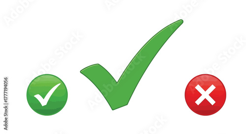 Check mark and cross icons green tick and red x symbols flat design for approval and disapproval isolated on white background