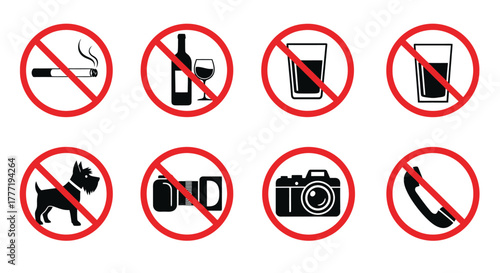 Set of prohibition icons including no smoking alcohol pets photography and phone use isolated on white background