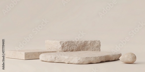 Minimalist neutral stone and textured organic shapes arranged on a plain background for product display and cosmetic presentation