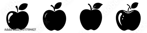 Four black apple icons with stems and leaves