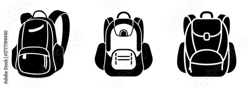 Three black backpack icons showing different styles and designs