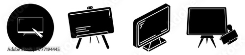 Collection of black computer screen and whiteboard icons on a