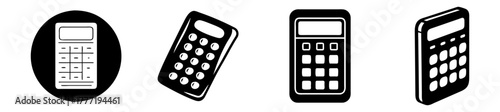 A collection of four black and white calculator icons, showcasing different angles and styles of the device, perfect for representing finance, education, or technology