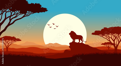 Majestic Lion Roaming a Serene African Savannah at Sunset with Acacias and Birds