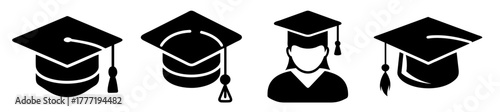 Collection of graduation cap icons, including a mortarboard with a tassel and a stylized academic cap, symbolizing education, achievement, and commencement ceremonies