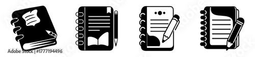 Compilation of notebook and notepad icons, featuring spiralbound and traditional notebooks with pencils, representing writing, notetaking, journaling, and study