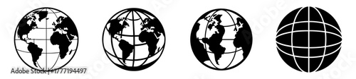 Four black and white icons representing globes or earth, showing different views and grid lines, on a