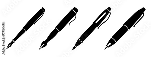 Four black silhouette fountain pens and ballpoint pens on a, representing writing instruments and stationery