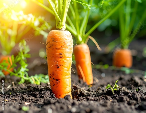 Sunlit carrots growing in dark soil, showing tops and some dirt