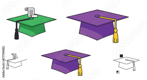Graduation cap illustrations academic achievement symbols for education and learning icons isolated on a white background