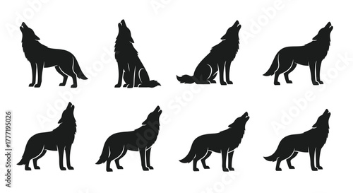 Set of howling wolf silhouettes illustration of wild animal in various poses isolated on white background