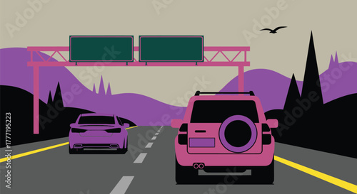 Driving cars on highway with signs and mountain background art