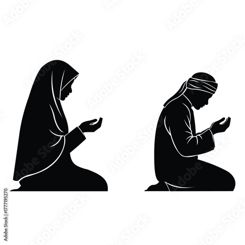 Silhouette of a muslim man and woman praying on a, symbolizing faith and devotion