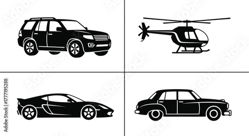 Transportation vehicles suv helicopter sedan sport car vector art