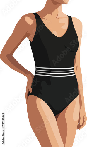 Elegant black one piece swimsuit with striped waistband for women beach holiday style vector