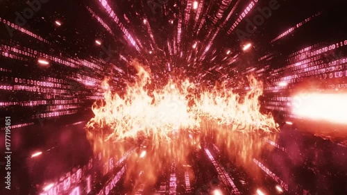 Fiery abstract digital artwork depicts a tunnel of data with flames engulfing the space