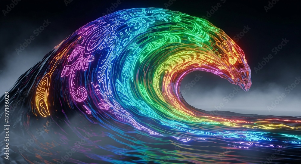 Fototapeta premium Vibrant rainbow-colored wave with swirling patterns against a dark background with fog