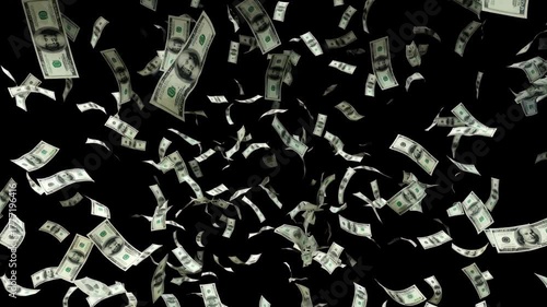 Hundreds of hundred-dollar bills gently falling and rotating against a black background, creating a dynamic effect of wealth descending from above with varied angles and speeds