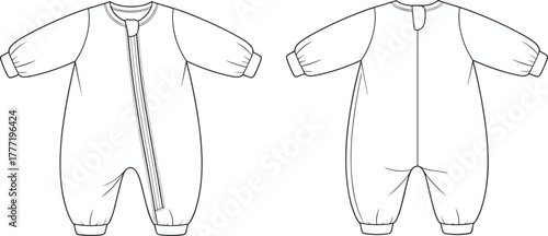 Baby onesie technical sketch, front and back view, diagonal zipper closure, long sleeves, cuffed legs, infant clothing fashion flat illustration