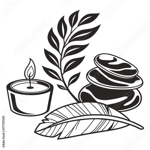 Spa still life with candle, leaf, stone and feather