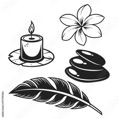 Spa still life with candle, flower, stones and feather