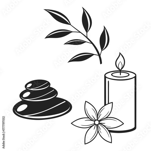 Spa still life with candle, flower, zen stones and branch