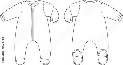 Baby onesie technical sketch, front and back view, zipper closure, long sleeves, enclosed feet, infant clothing fashion flat garment illustration